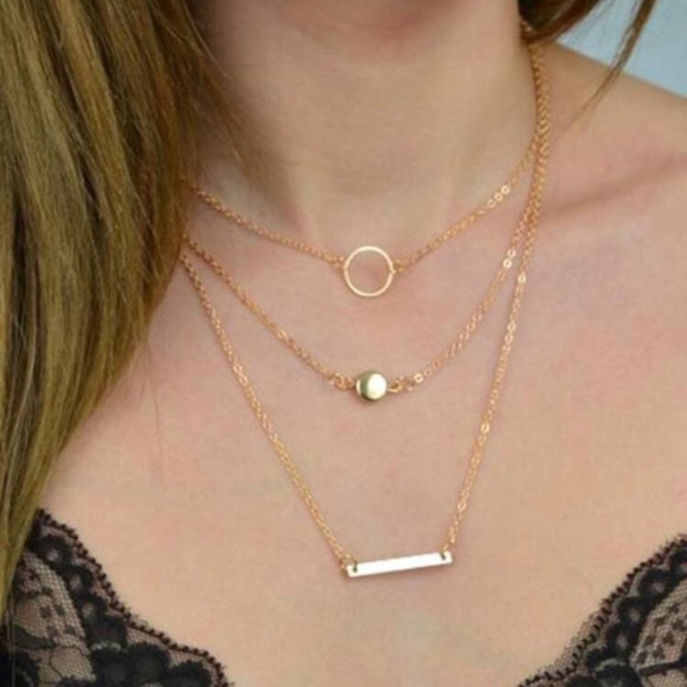 Gold Circle Bar Dot Layered Necklace